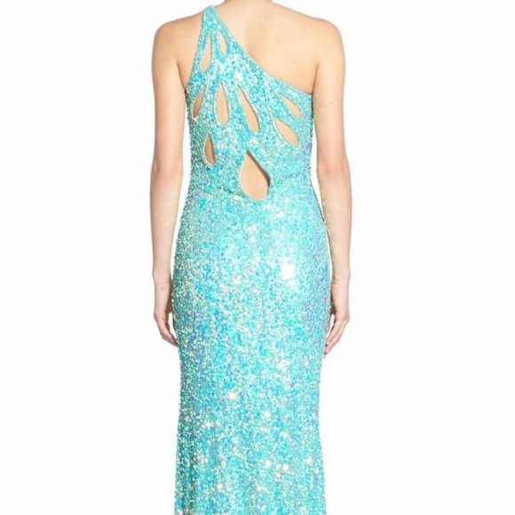 MAC DUGGAL SEQUIN CUTOUT ONE SHOULDER CRYSTAL MINT GOWN sz 10 - Picture 4 of 7